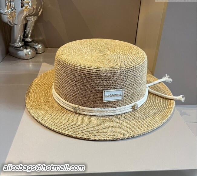 Spot Bulk Chanel Straw Wide Brim Bucket Hat with Cord 0403 Khaki 2024