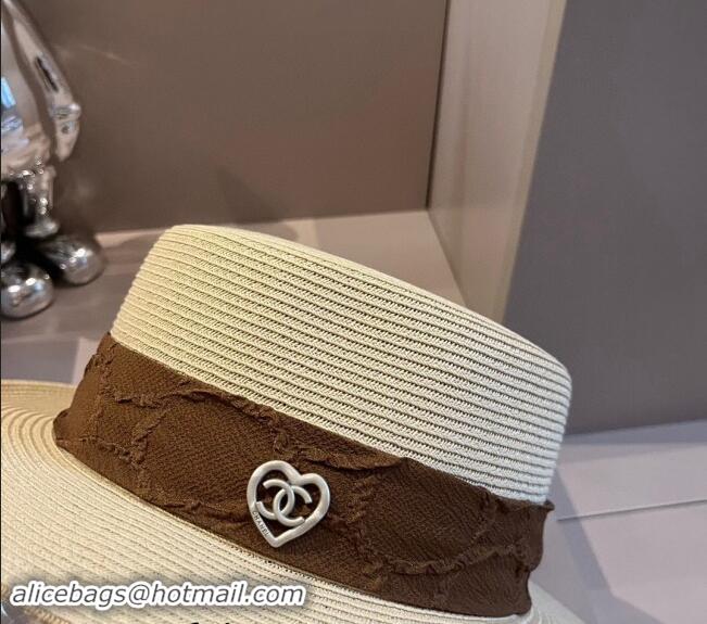 Inexpensive Chanel Straw Wide Brim Hat with Heart 0403 Beige 2024