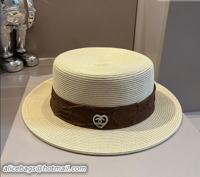 Inexpensive Chanel Straw Wide Brim Hat with Heart 0403 Beige 2024