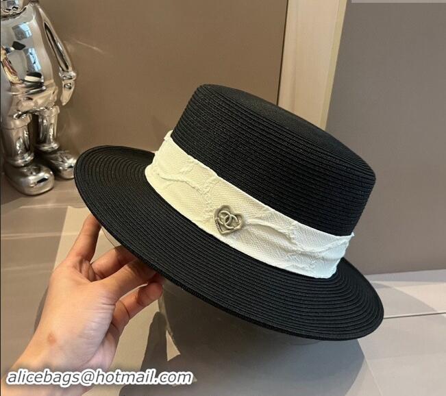 Best Price Chanel Straw Wide Brim Hat with Heart 0403 Black 2024