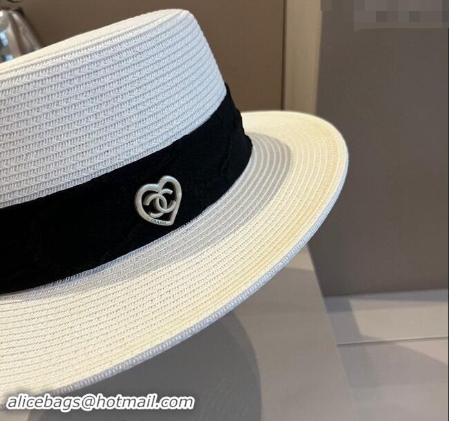 Buy Classic Chanel Straw Wide Brim Hat with Heart 0403 White 2024