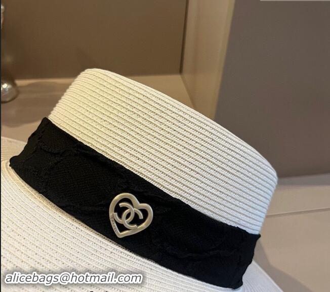 Buy Classic Chanel Straw Wide Brim Hat with Heart 0403 White 2024