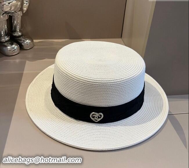 Buy Classic Chanel Straw Wide Brim Hat with Heart 0403 White 2024