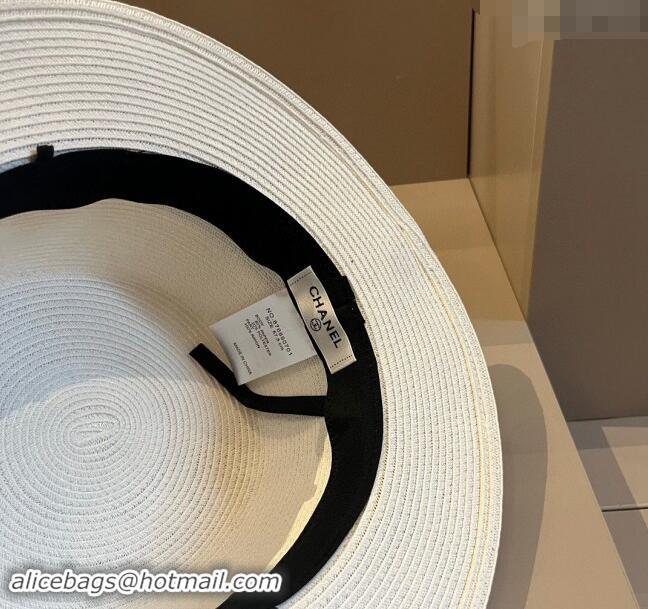 Buy Classic Chanel Straw Wide Brim Hat with Heart 0403 White 2024