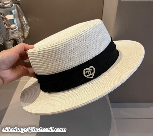 Buy Classic Chanel Straw Wide Brim Hat with Heart 0403 White 2024