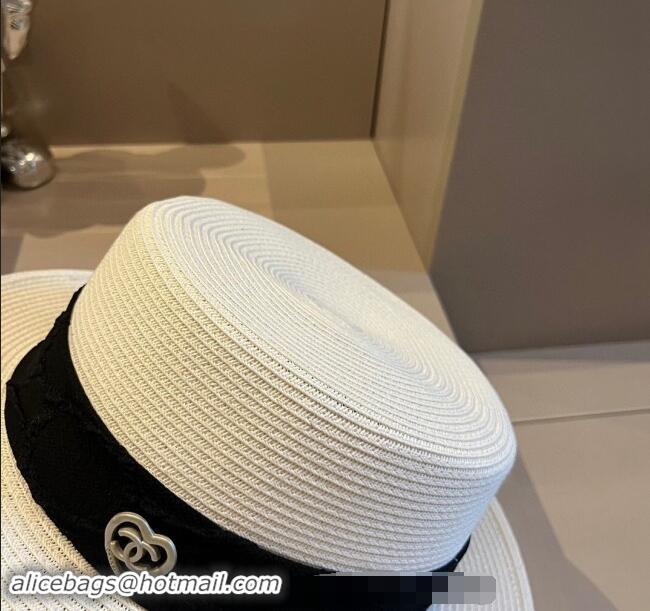 Buy Classic Chanel Straw Wide Brim Hat with Heart 0403 White 2024