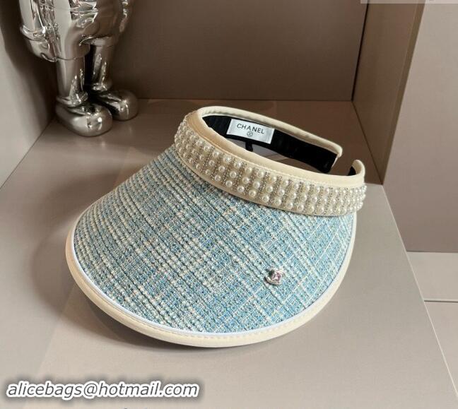 Modern Classic Chanel Tweed Visor Hat with Pearls 0618 Blue 2024