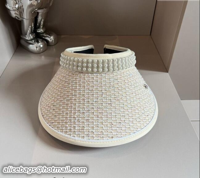 Top Design Chanel Tweed Visor Hat with Pearls 0618 Beige 2024