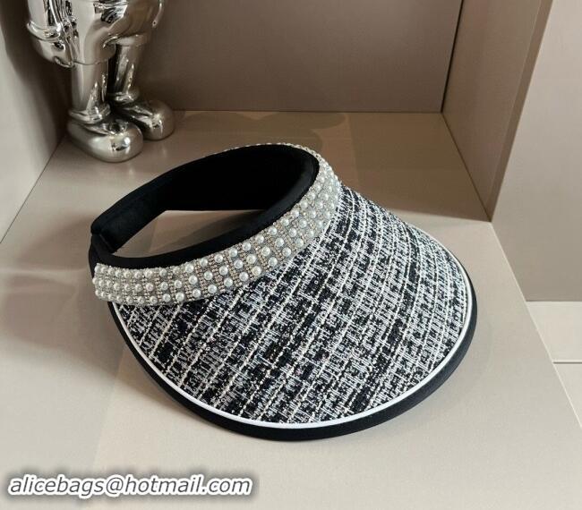 Inexpensive Chanel Tweed Visor Hat with Pearls 0618 Black 2024