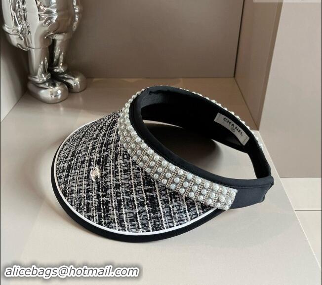 Inexpensive Chanel Tweed Visor Hat with Pearls 0618 Black 2024