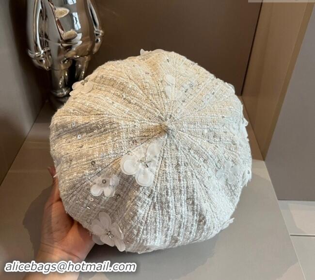 New Fashion Chanel Tweed Beret hat with Flower 0730 White 2024