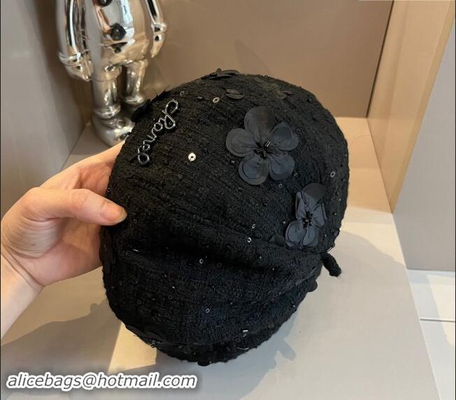 Grade Quality Chanel Tweed Beret hat with Flower 0730 Black 2024