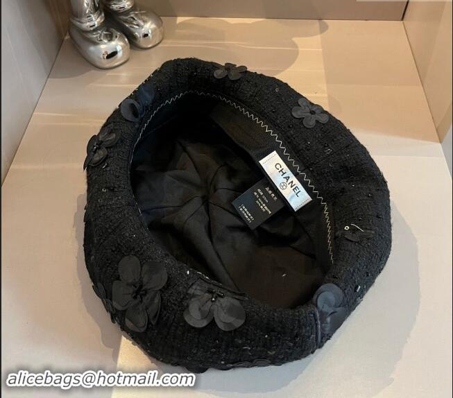 Grade Quality Chanel Tweed Beret hat with Flower 0730 Black 2024