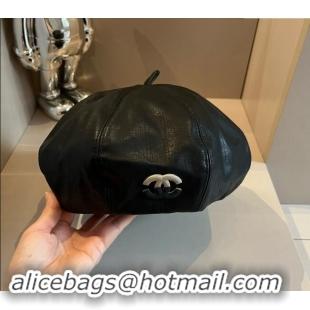 Top Design Chanel Washed Leather-Like Beret hat 0822 Black 2024