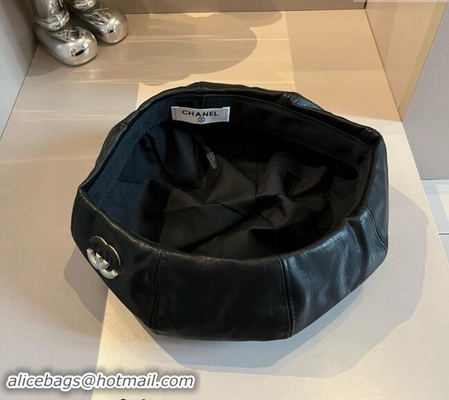 Top Design Chanel Washed Leather-Like Beret hat 0822 Black 2024