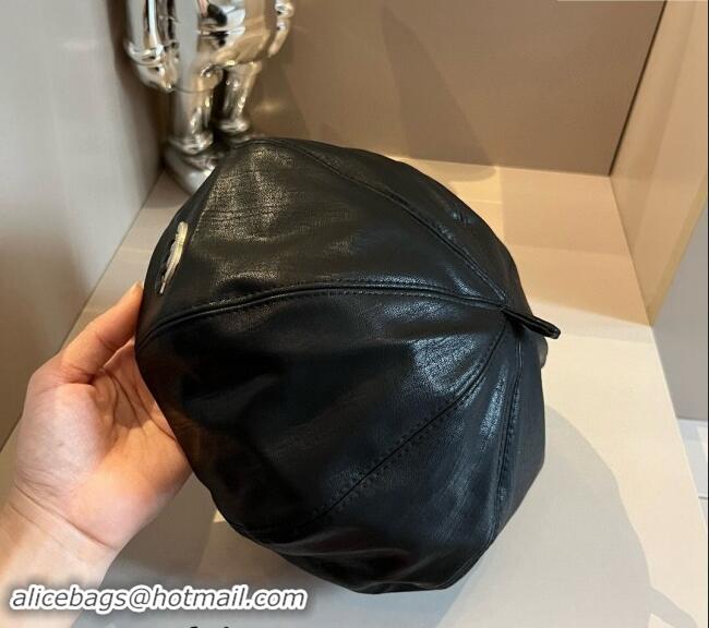 Top Design Chanel Washed Leather-Like Beret hat 0822 Black 2024