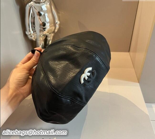 Top Design Chanel Washed Leather-Like Beret hat 0822 Black 2024