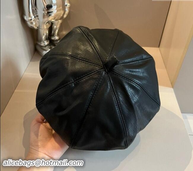 Top Design Chanel Washed Leather-Like Beret hat 0822 Black 2024