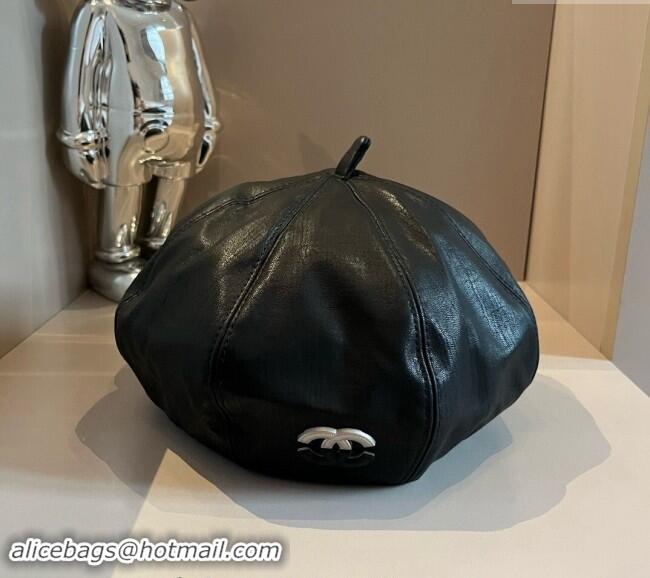 Top Design Chanel Washed Leather-Like Beret hat 0822 Black 2024