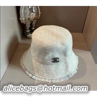 New Product Chanel Tweed Bucket Hat with Fringe 082201 White 2024