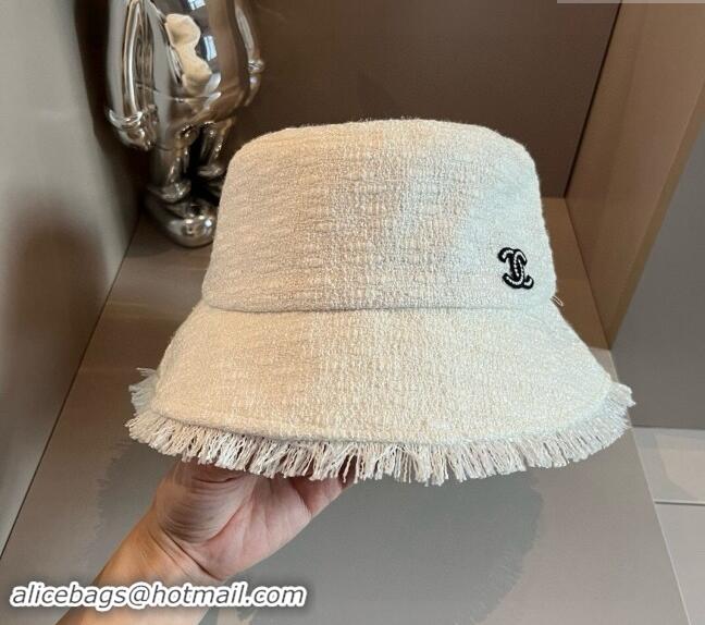 New Product Chanel Tweed Bucket Hat with Fringe 082201 White 2024