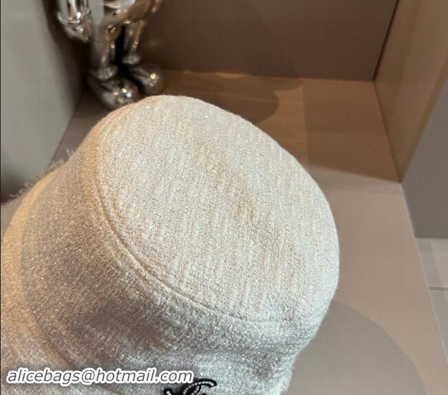 New Product Chanel Tweed Bucket Hat with Fringe 082201 White 2024