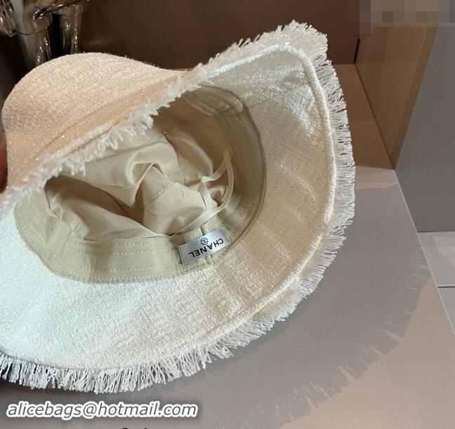 New Product Chanel Tweed Bucket Hat with Fringe 082201 White 2024