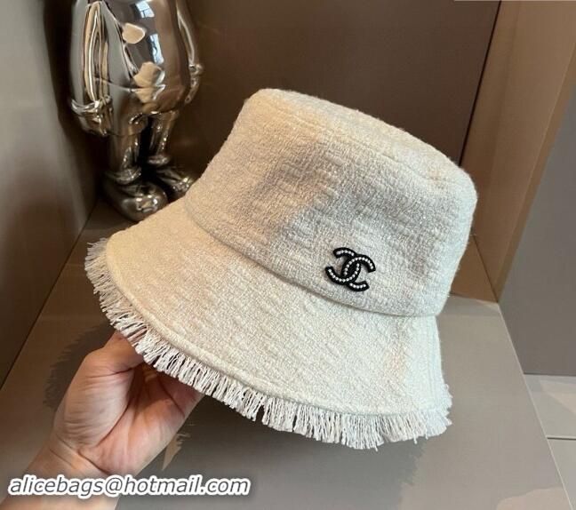 New Product Chanel Tweed Bucket Hat with Fringe 082201 White 2024