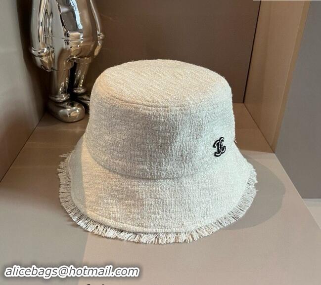 New Product Chanel Tweed Bucket Hat with Fringe 082201 White 2024