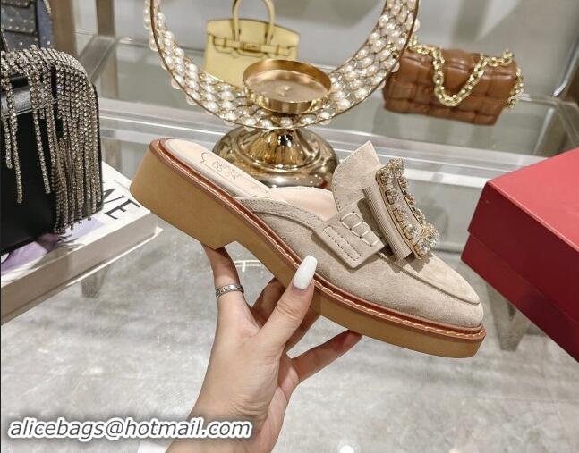 Pretty Style Roger Vivier Viv' Rangers Strass Buckle Mules in Beige Suede 812115