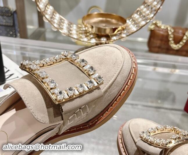 Pretty Style Roger Vivier Viv' Rangers Strass Buckle Mules in Beige Suede 812115