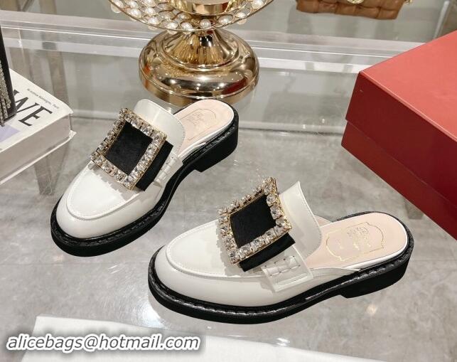 Best Price Roger Vivier Viv' Rangers Strass Buckle Mules in Shiny Leather White 812116