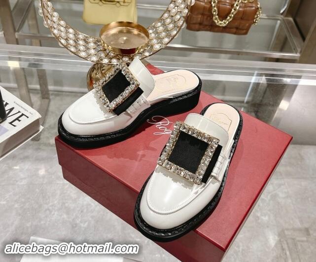 Best Price Roger Vivier Viv' Rangers Strass Buckle Mules in Shiny Leather White 812116