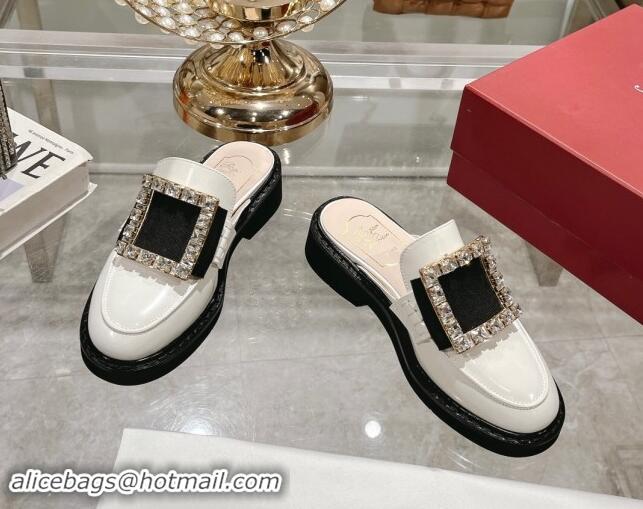 Best Price Roger Vivier Viv' Rangers Strass Buckle Mules in Shiny Leather White 812116