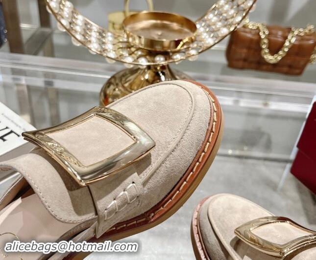 Pretty Style Roger Vivier Viv' Rangers Metal Buckle Mules in Suede Beige 812118