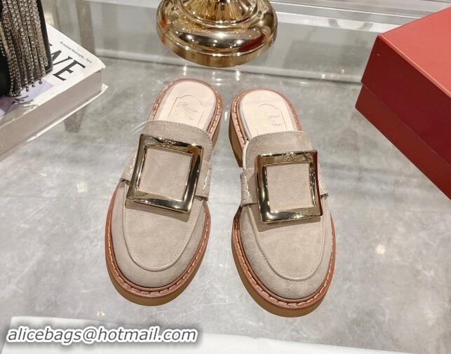 Pretty Style Roger Vivier Viv' Rangers Metal Buckle Mules in Suede Beige 812118