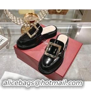 Good Looking Roger Vivier Viv' Rangers Metal Buckle Mules in Shiny Leather Black 812119