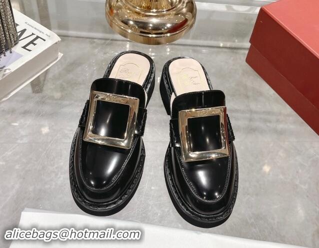 Good Looking Roger Vivier Viv' Rangers Metal Buckle Mules in Shiny Leather Black 812119