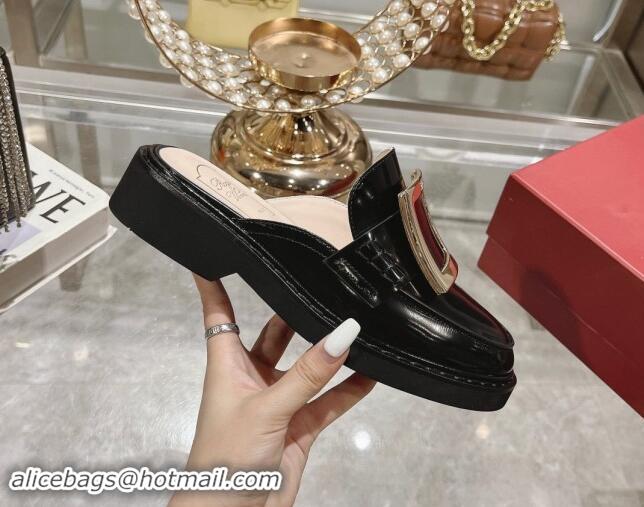 Good Looking Roger Vivier Viv' Rangers Metal Buckle Mules in Shiny Leather Black 812119