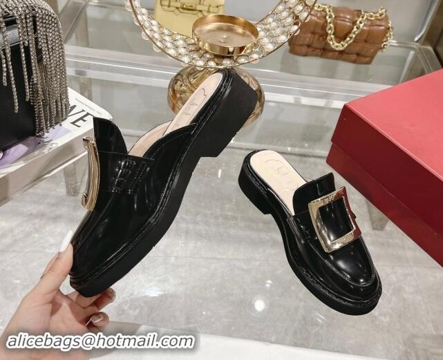 Good Looking Roger Vivier Viv' Rangers Metal Buckle Mules in Shiny Leather Black 812119