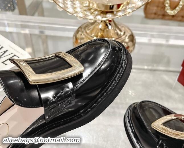 Good Looking Roger Vivier Viv' Rangers Metal Buckle Mules in Shiny Leather Black 812119