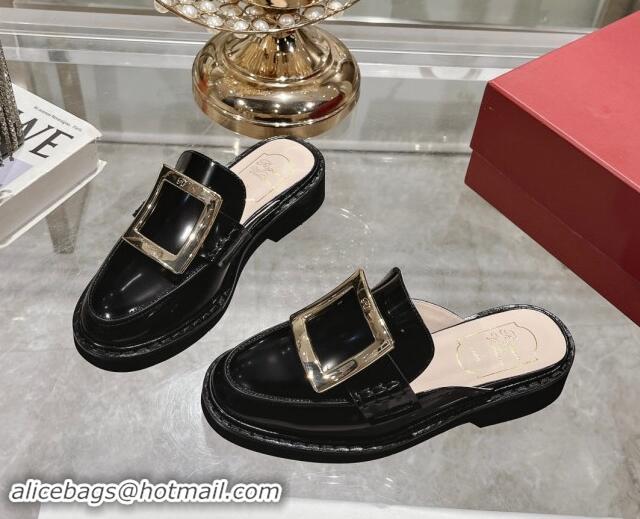 Good Looking Roger Vivier Viv' Rangers Metal Buckle Mules in Shiny Leather Black 812119