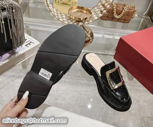 Good Looking Roger Vivier Viv' Rangers Metal Buckle Mules in Shiny Leather Black 812119