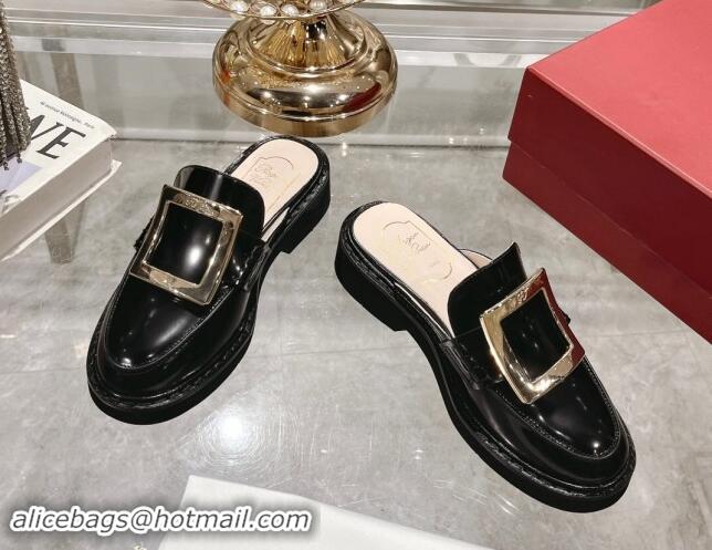 Good Looking Roger Vivier Viv' Rangers Metal Buckle Mules in Shiny Leather Black 812119