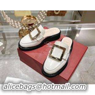 Buy Luxury Roger Vivier Viv' Rangers Metal Buckle Mules in Shiny Leather White 812120