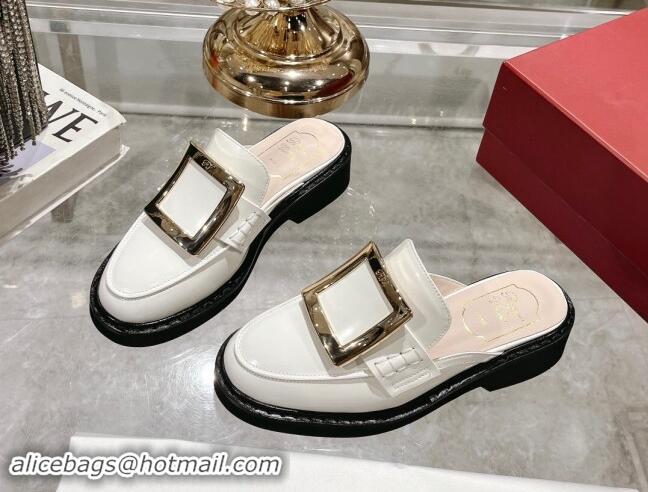 Buy Luxury Roger Vivier Viv' Rangers Metal Buckle Mules in Shiny Leather White 812120