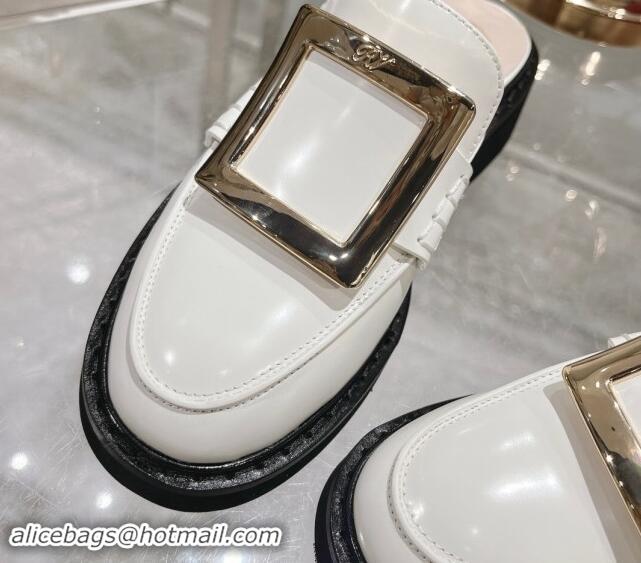 Buy Luxury Roger Vivier Viv' Rangers Metal Buckle Mules in Shiny Leather White 812120