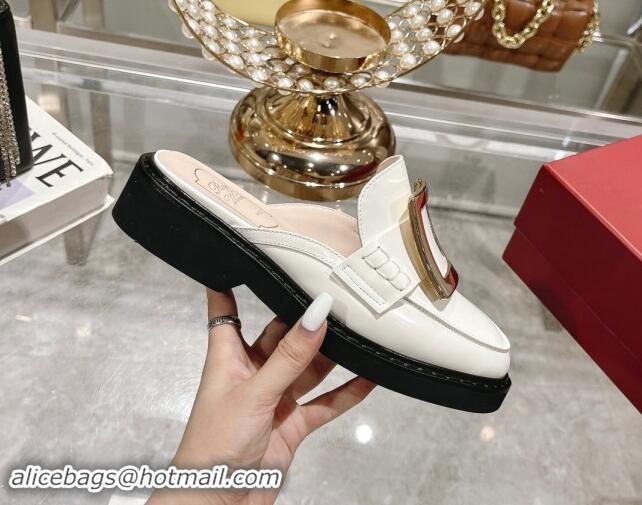 Buy Luxury Roger Vivier Viv' Rangers Metal Buckle Mules in Shiny Leather White 812120