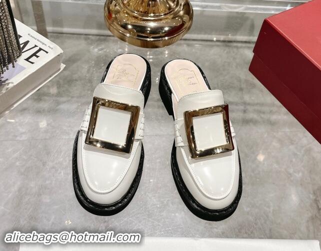 Buy Luxury Roger Vivier Viv' Rangers Metal Buckle Mules in Shiny Leather White 812120