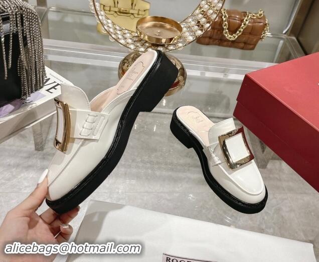 Buy Luxury Roger Vivier Viv' Rangers Metal Buckle Mules in Shiny Leather White 812120